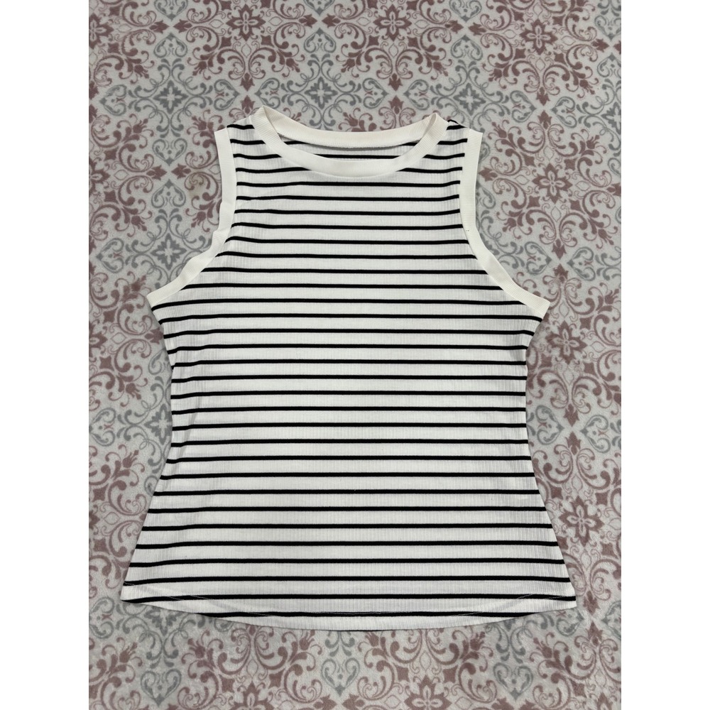 SHEIN Curve Womens 0XL Ribbed Tank Top Black White Striped Sleeveless Crew Neck